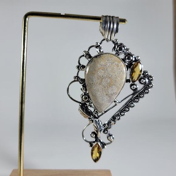 Handmade Silver Pendant – Fossil Coral & Citrine Accents + 20" Silver Chain - Picture 10 of 10